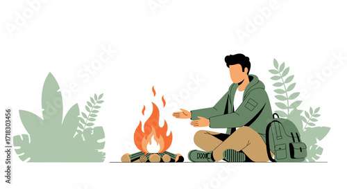 Person Warming up By Campfire in Forest Illustration Nature Adventure and Calm