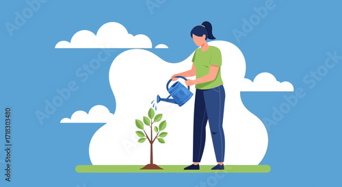 Person Watering Sapling Under Cloudy Sky, Promoting Growth and Environmental Consciousness