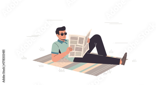 Relaxing Male Reading Newspaper Outdoors, Enjoying Leisure Time Under The Sun