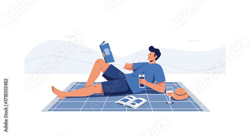Relaxing Man Reading a Book and Enjoying a Drink Outdoors on a Peaceful Day