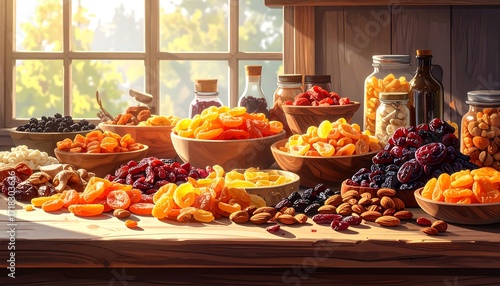 Fototapeta Naklejka Na Ścianę i Meble -  Assorted dried fruits and nuts displayed on a wooden table by a window