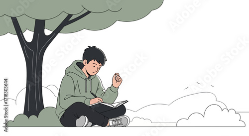 Person Writing Journal Beneath Tree, Nature-Inspired Scene, Contemplative Artwork