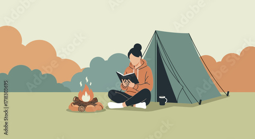 Relaxing Reader Enjoying The Serenity Of Camping Next To A Glowing Campfire