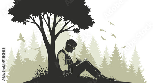 Person Writing Under A Tree Silhouette In Peaceful Forest With Flying Birds