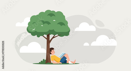 Relaxing Under The Shade: A Young Person Enjoys Reading A Book Outdoors