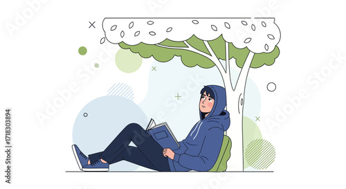 Relaxing Under The Shade, Daydreaming While Reading A Book With Tree Illustration