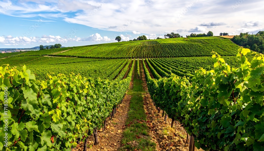 Naklejka premium Lush vineyard landscape under a partly cloudy sky