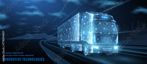 Truck. Abstract vector 3d heavy lorry van. Highway road. Isolated on blue.