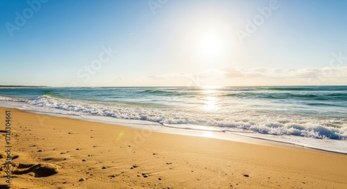 Sunlit beach with gentle ocean waves breaking on golden sand under a clear blue sky featuring reflections on the water and scattered small shells