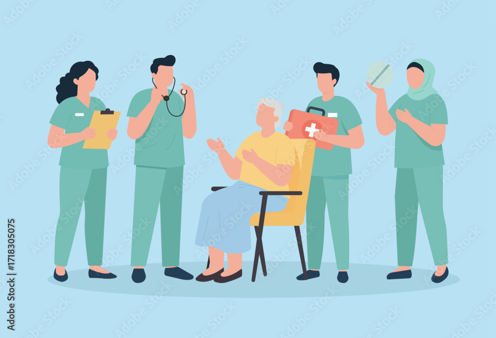 Fototapeta premium Flat vector of healthcare teamwork with doctors, nurses, and elderly patient in consultation, symbolizing care, support, and collaboration
