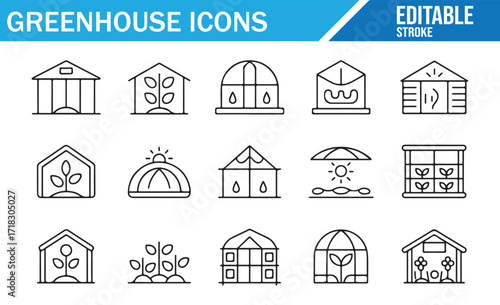 Collection of editable eco farming greenhouse illustrations in modern stroke style