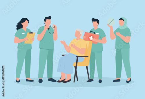 Flat vector of healthcare teamwork with doctors, nurses, and elderly patient in consultation, symbolizing care, support, and collaboration