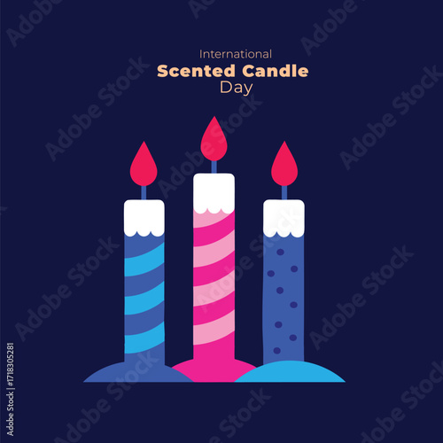 Dia de las velitas colombian holiday celebration with a hand holding a candle surrounded by colorful stars and leaves on a dark blue background