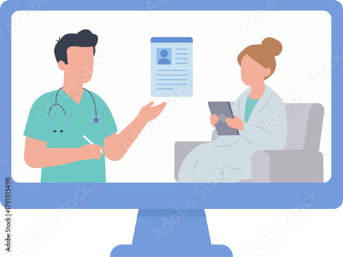 Flat vector illustration of telemedicine showing a doctor and patient in a virtual consultation via digital health technology