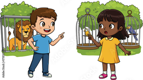 Children visiting zoo, boy pointing at lion, girl holding bird, animal cages, wildlife education, nature exploration, outdoor learning, zoo animals