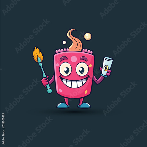 A cheerful pink cartoon character holding a torch and a can, with a playful expression on a dark blue background