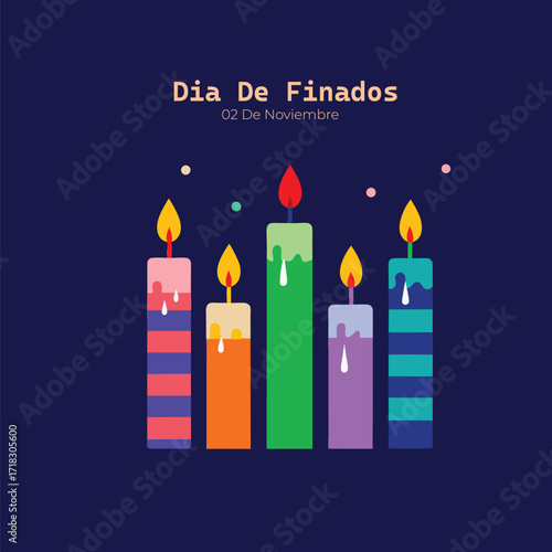 Dia de las velitas colombian holiday celebration with a hand holding a candle surrounded by colorful stars and leaves on a dark blue background