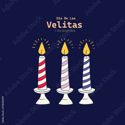 Dia de las velitas colombian holiday celebration with a hand holding a candle surrounded by colorful stars and leaves on a dark blue background