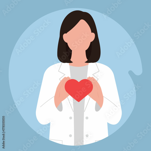Flat vector of a healthcare professional holding a red heart, symbolizing compassion, care, and medical support