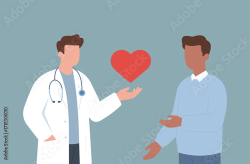 Flat vector of doctor and patient with heart symbol, representing healthcare, compassion, medical care, and doctor-patient trust