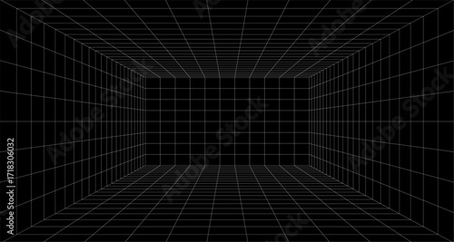 3D black futuristic wireframe digital box room. The grid of the room in perspective. Stock vector illustration on isolated background.