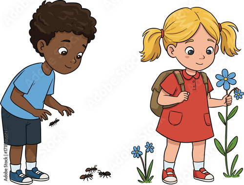 Children, nature, exploration, outdoor, learning, curiosity, flower, ants, backpack, observation, environment, discovery, childhood, garden, insect, botany, interaction, playtime, summer, adventure