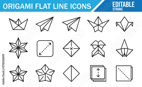 Origami craft vector icons with editable stroke for creative hobby, handmade figures, and folded paper art