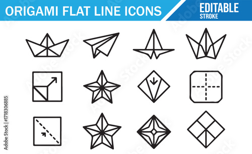 Collection of outline origami icons showing paper cranes, abstract flowers, and folded geometric shapes
