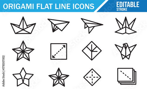 Paper folding art icon collection with editable line style for origami cranes, stars, and geometric figures