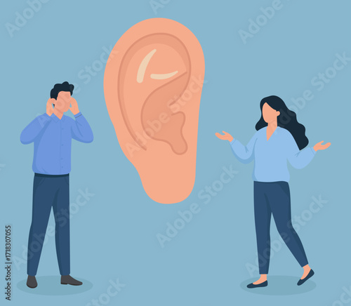 Flat vector illustration highlighting communication through listening and speaking, with an oversized ear symbolizing active understanding