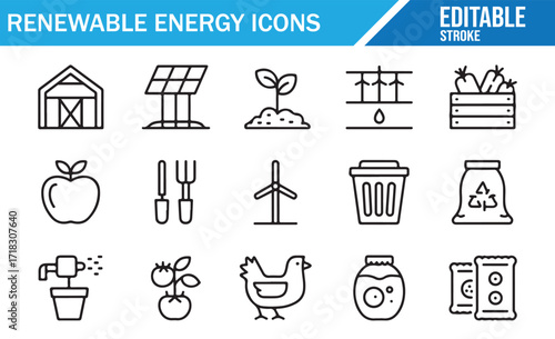 Vector thin line set of sustainability and renewable energy concepts with solar, wind, and natural resources