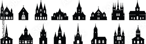 Church architecture silhouettes, historic religious buildings, diverse cathedral styles, cultural heritage, gothic steeples, domes, towers, Christian art, design inspiration