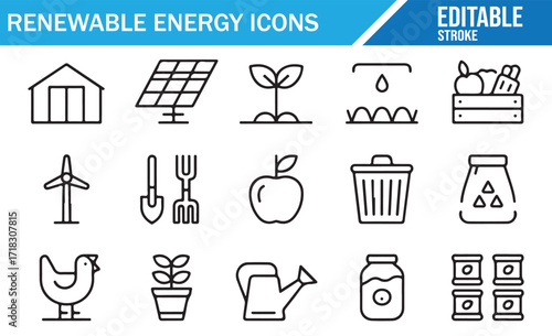Solar panels, wind turbines, recycling bins, and organic farming outline icons in editable stroke style