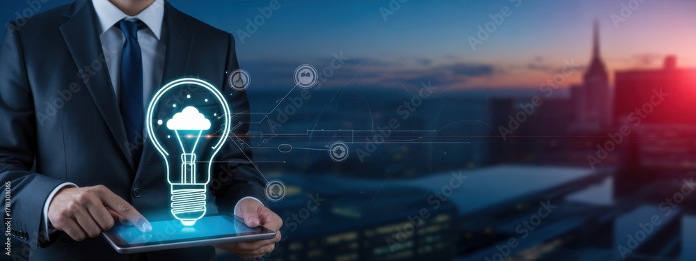 Fototapeta premium Business innovation: A businessman in a suit interacts with a digital interface displaying a glowing lightbulb and cloud symbolizing business innovation, ideas, and technological progress.