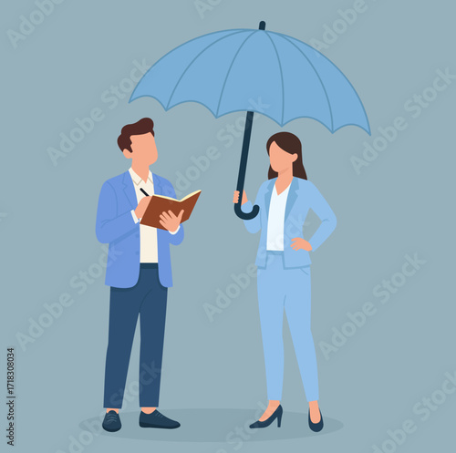 Flat vector of teamwork and support—business partners sharing knowledge while one shields both with an umbrella, symbolizing protection and collaboration