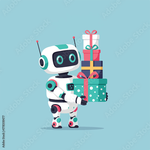 A cartoon robot holds a stack of colorful gift boxes