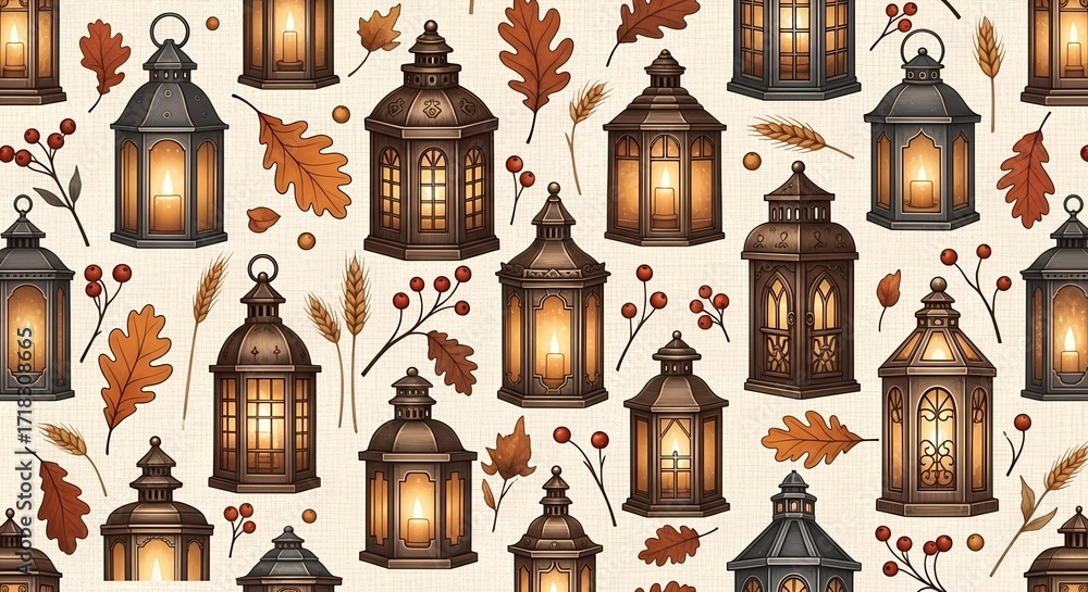 Fototapeta premium Warm Autumn Lanterns Pattern Design, Cozy Atmosphere, Illustration