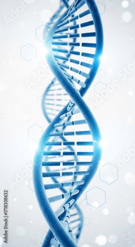 Close-up of blue DNA helix structure, detailed 3D model, showcasing genetic code concept, representing science, medicine, and biotechnology
