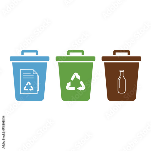Sorting Waste with Recycling Bins for Paper Plastic and Glass