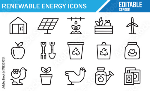Editable line icon set of renewable energy and sustainability concepts including solar panels, recycling, wind turbines, eco gardening, composting, organic farming, and eco-friendly lifestyle elements