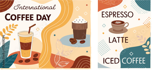 Celebrating international coffee day with espresso latte and iced coffee in a vector illustration