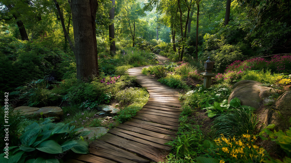 Obraz premium A winding wooden path meanders through a lush garden, surrounded by vibrant greenery, flowers, and serene natural beauty.