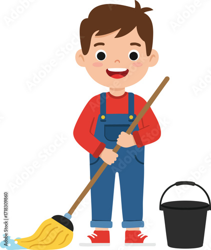 Young boy cleaning floor with mop and bucket cheerful child household chore activity vector illustration 