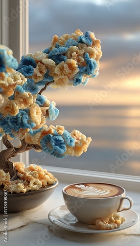 A detailed artistic bonsai tree with pastel blue and beige flowers sits by a window, beside a cup of latte art coffee.