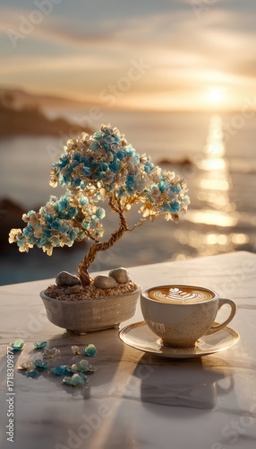 A serene, artistic bonsai tree adorned with delicate, teal-and-white flowers sits beside a cup of latte art coffee, bathed in the golden glow of sunset over the ocean.