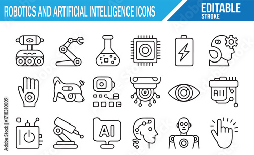 Collection of editable outline icons showing artificial intelligence, robotics, research, and automation technology