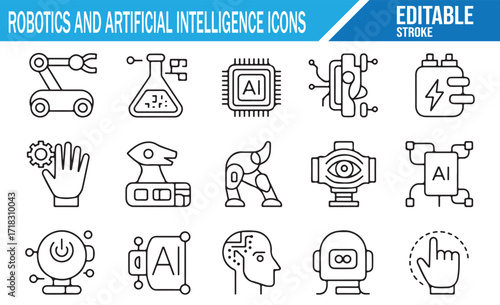 Editable stroke AI and robotics icon pack with neural networks, humanoid robots, chips, and lab science tools