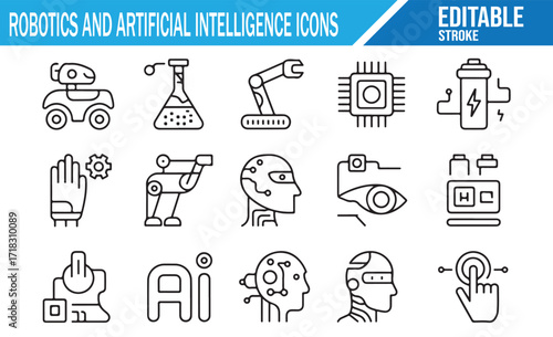 Machine learning and robotics icon collection with editable stroke for futuristic technology and innovation concepts