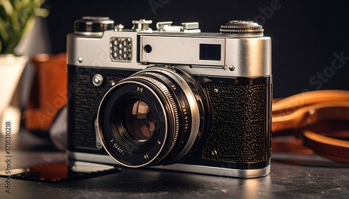 Vintage camera on dark surface