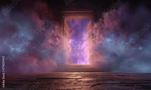 Magical portal reveals a celestial gateway with bright light